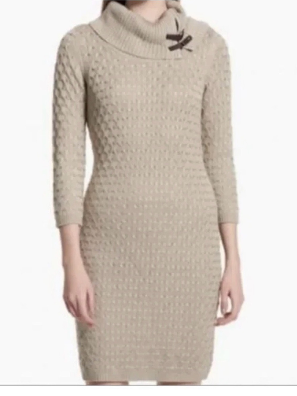 Calvin Klein Warm Buckled Turtle Neck Knit 3/4 Sleeves Sweater Dress Size Small.